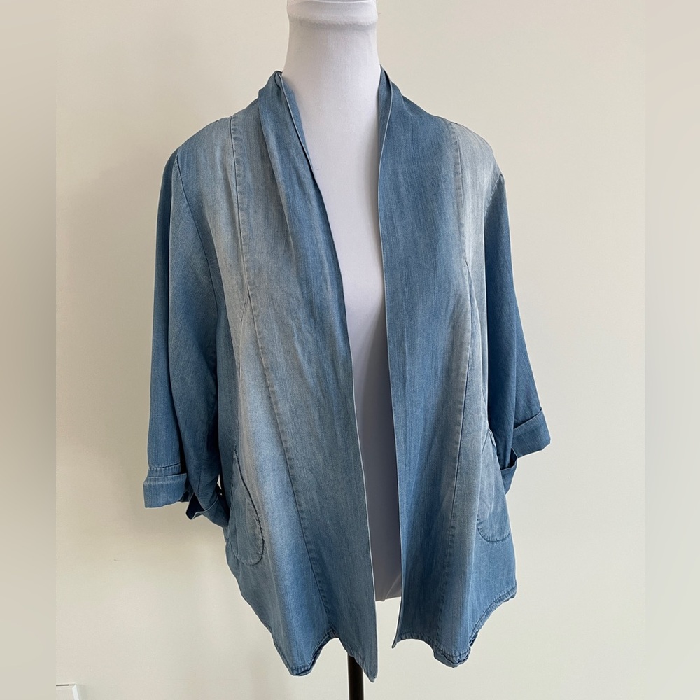 M MADE IN ITALY Kimono Sleeve Open Front Jacket Lightweight Faded Denim Artsy